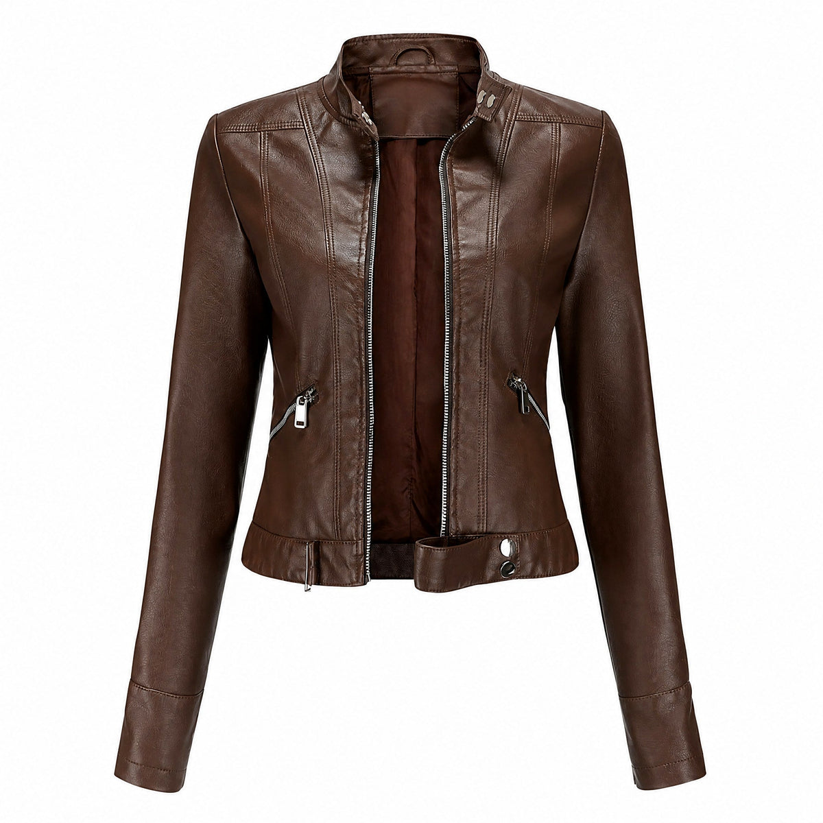 Isabelle - Women's Cropped Biker Jacket with Zip Pockets and Belted Hem - Motorcycle Outerwear - Brown - Davies & Cooper