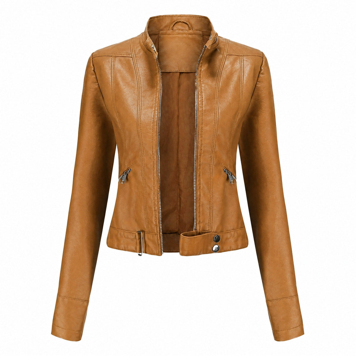 Isabelle - Women's Cropped Biker Jacket with Zip Pockets and Belted Hem - Motorcycle Outerwear - Camel - Davies & Cooper