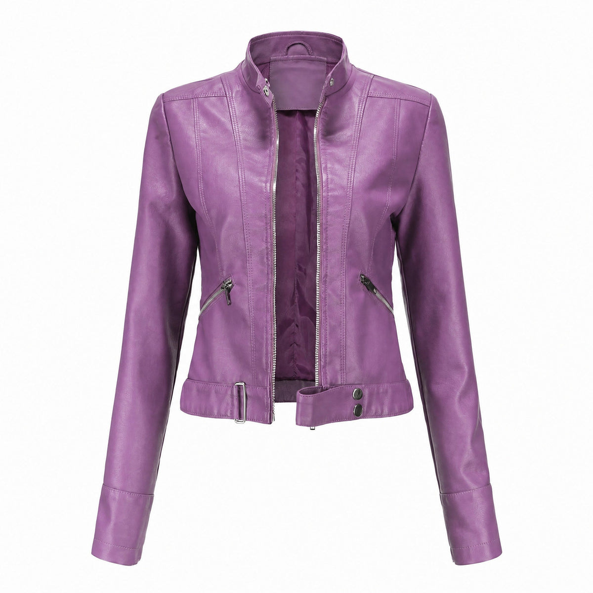 Isabelle - Women's Cropped Biker Jacket with Zip Pockets and Belted Hem - Motorcycle Outerwear - Purple - Davies & Cooper