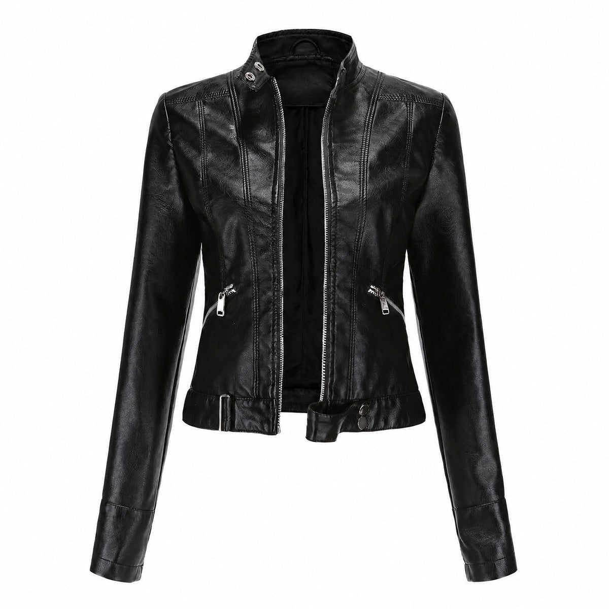 Isabelle - Women's Cropped Biker Jacket with Zip Pockets and Belted Hem - Motorcycle Outerwear - Black - Davies & Cooper