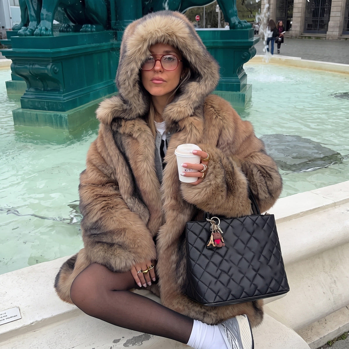 Isabelle - Women's Faux Fur Hooded Longline Coat with Button Front - Coats & Jackets - Brown - Davies & Cooper