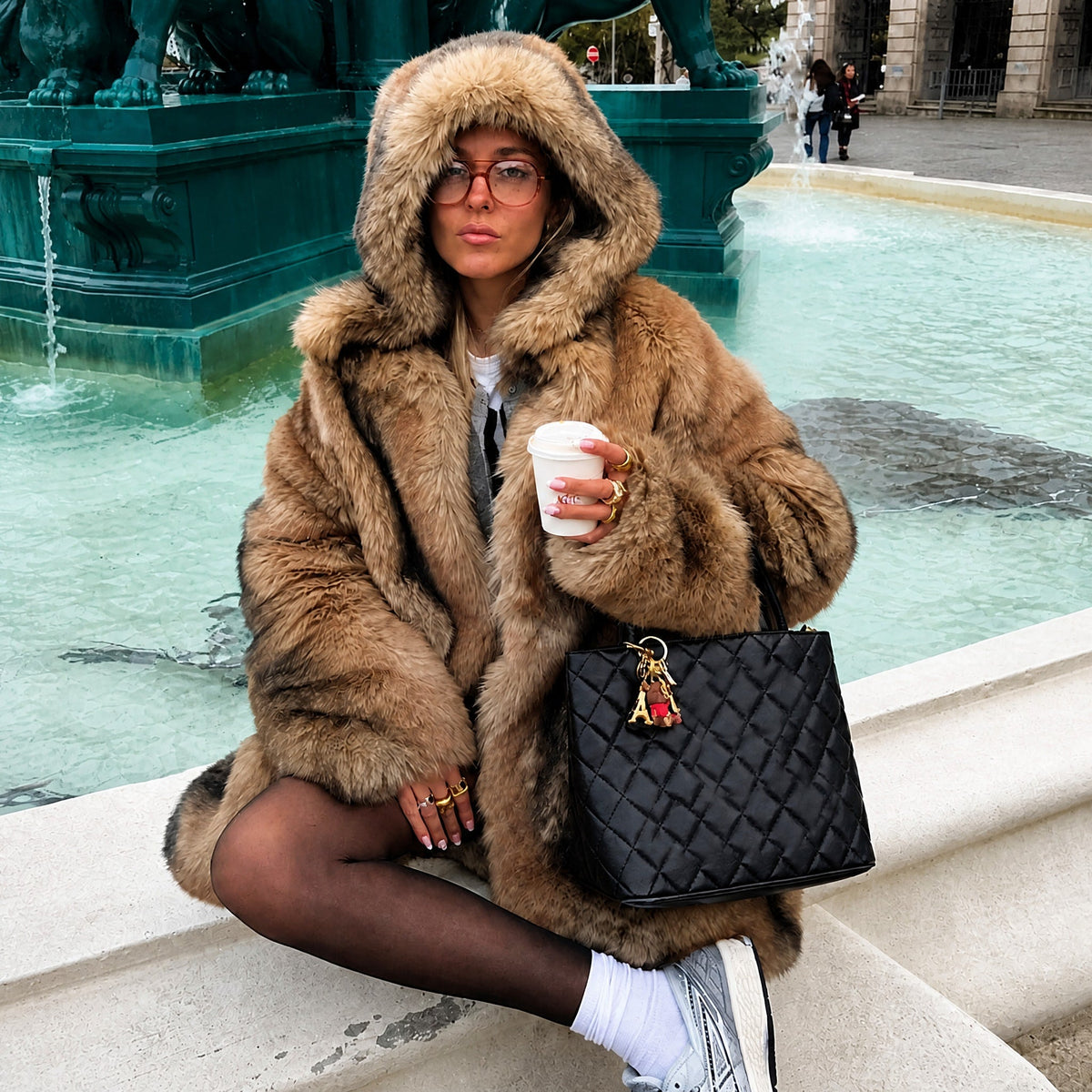 Isabelle - Women's Faux Fur Hooded Longline Coat with Button Front - Coats & Jackets - Brown - Davies & Cooper