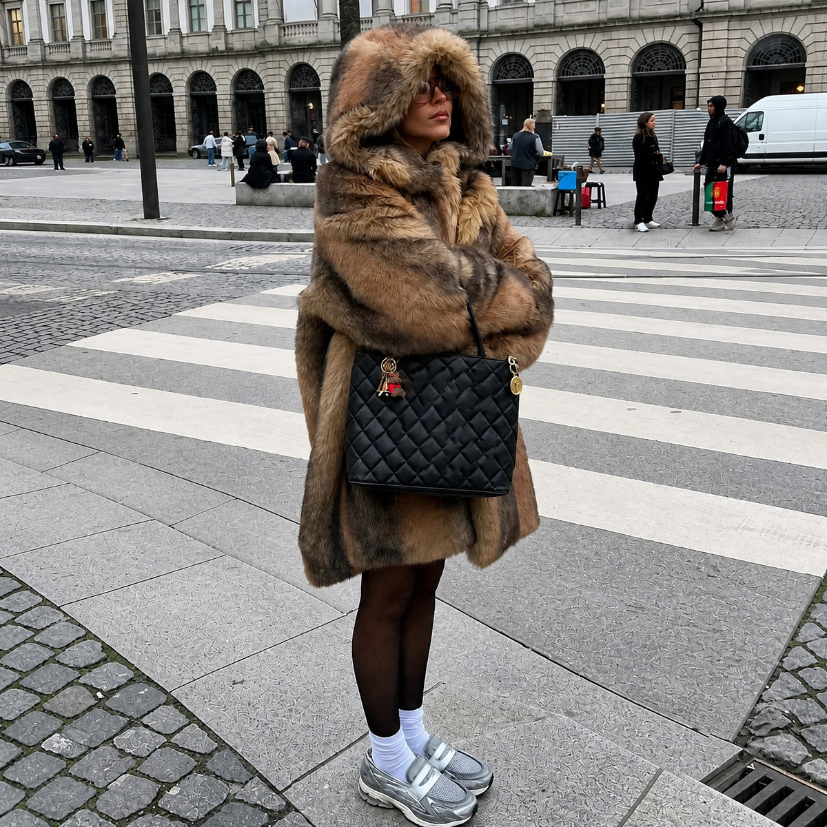 Isabelle - Women's Faux Fur Hooded Longline Coat with Button Front - Coats & Jackets - Brown - Davies & Cooper