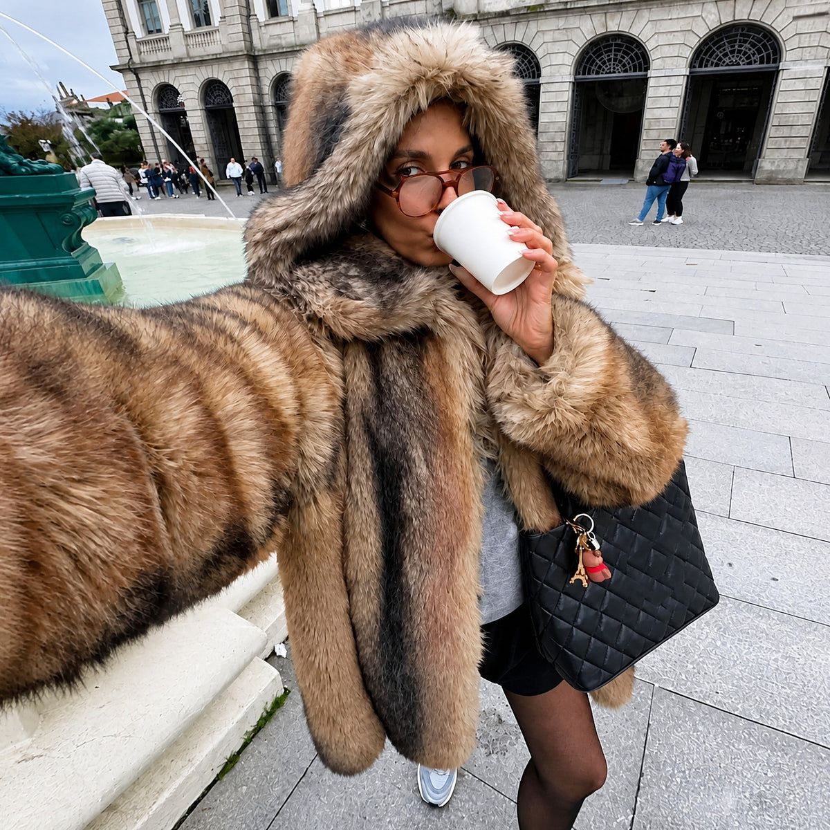 Isabelle - Women's Faux Fur Hooded Longline Coat with Button Front - Coats & Jackets - Brown - Davies & Cooper