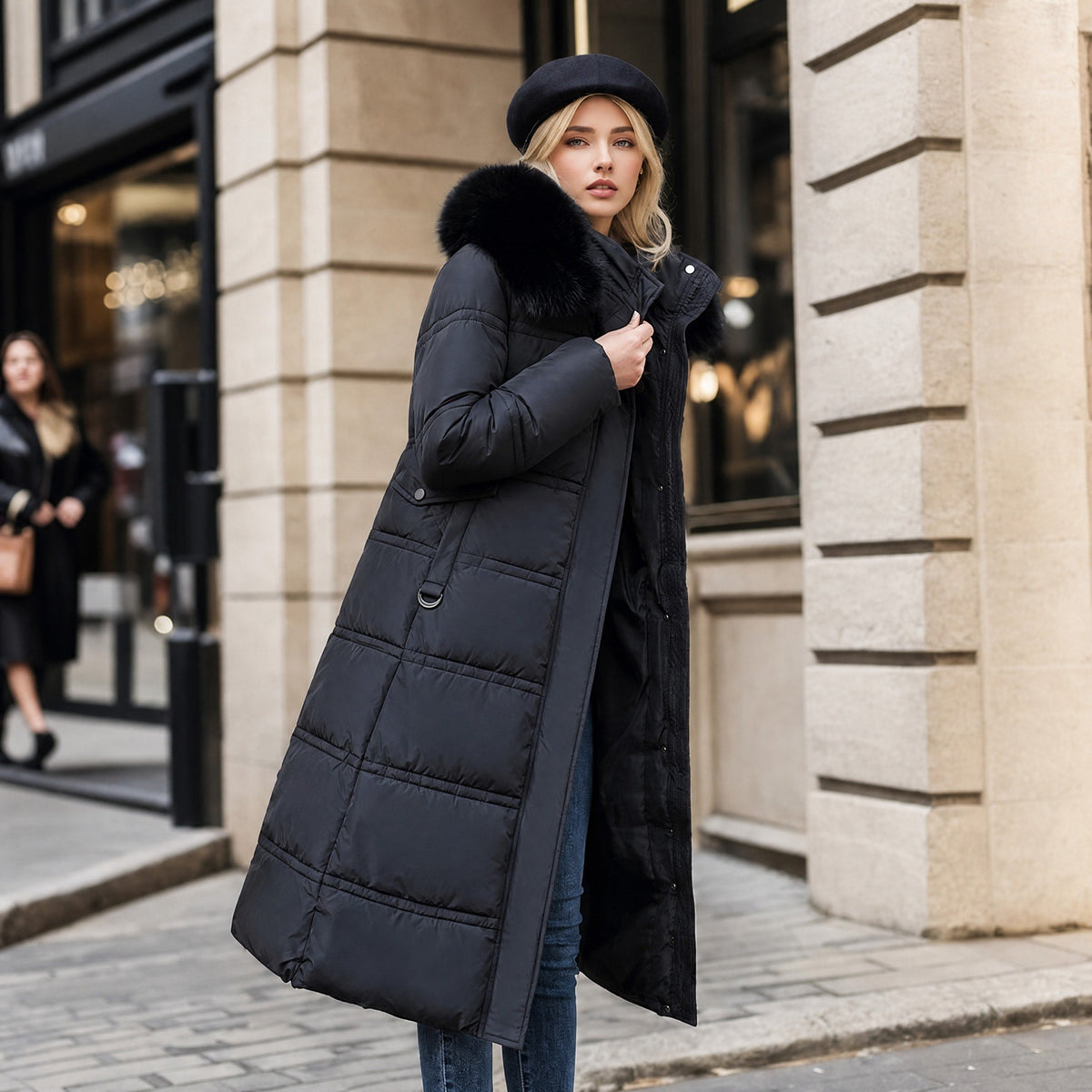 Isabelle - Women's Hooded Longline Puffer Parka with Faux Fur Trim - Parkas - Black - Davies & Cooper