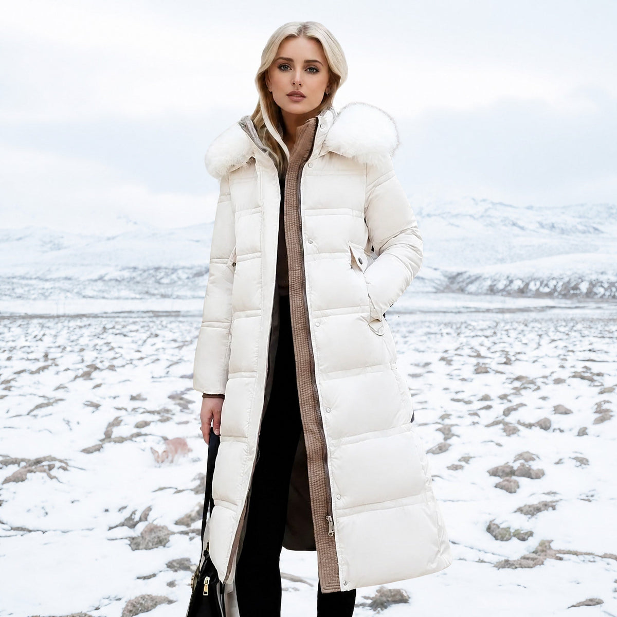 Isabelle - Women's Hooded Longline Puffer Parka with Faux Fur Trim - Parkas - White - Davies & Cooper