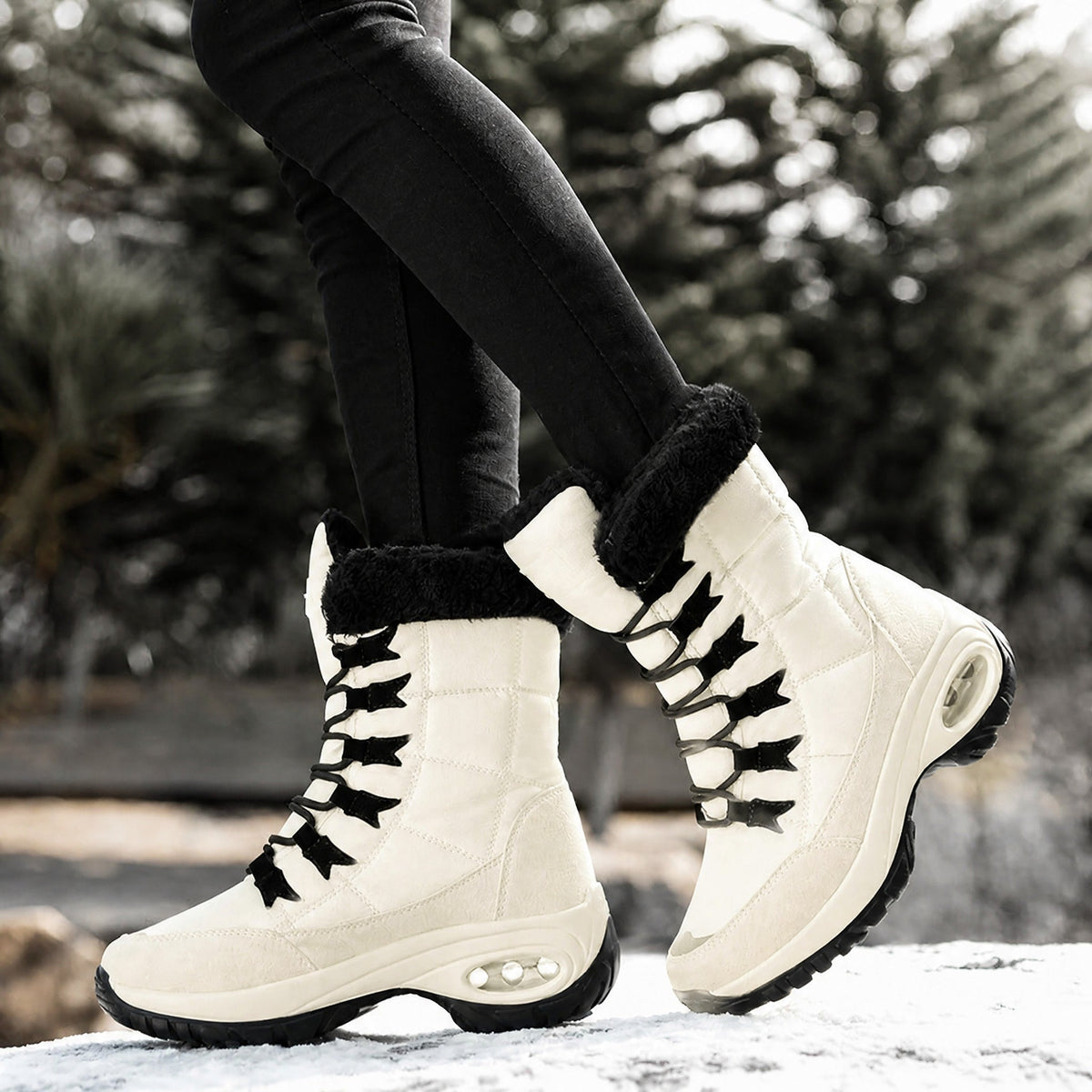 Isabelle - Women's Lace-Up Mid-Calf Snow Boots with Chunky Sole - Beige - Davies & Cooper