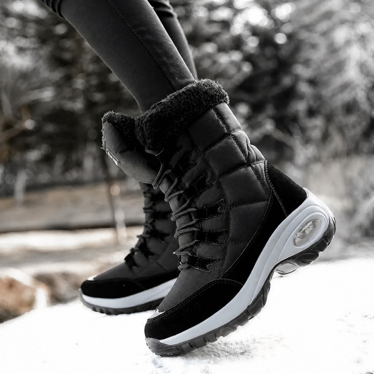 Isabelle - Women's Lace-Up Mid-Calf Snow Boots with Chunky Sole - Black - Davies & Cooper