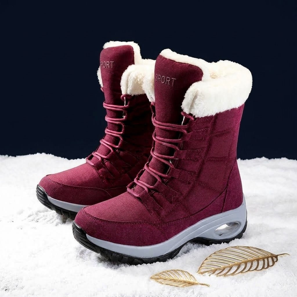 Isabelle - Women's Lace-Up Mid-Calf Snow Boots with Chunky Sole - Red - Davies & Cooper