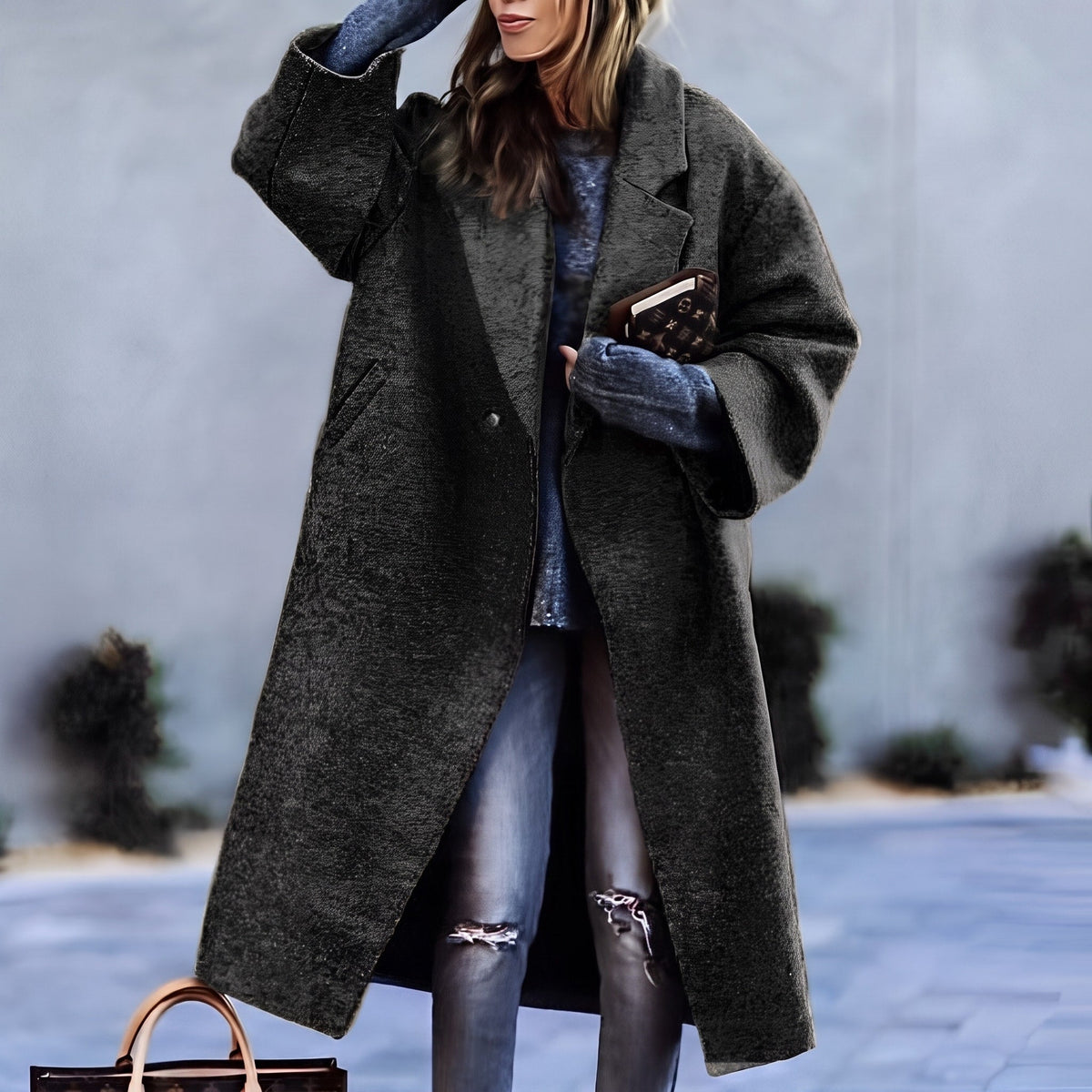 Isabelle - Women's Notched Lapel Longline Overcoat - Overcoats - Black - Davies & Cooper