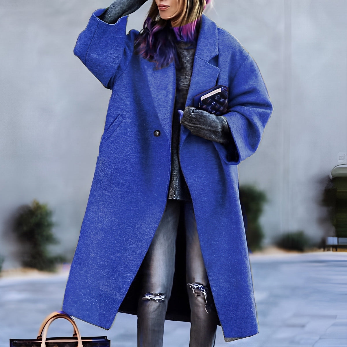 Isabelle - Women's Notched Lapel Longline Overcoat - Overcoats - Blue - Davies & Cooper