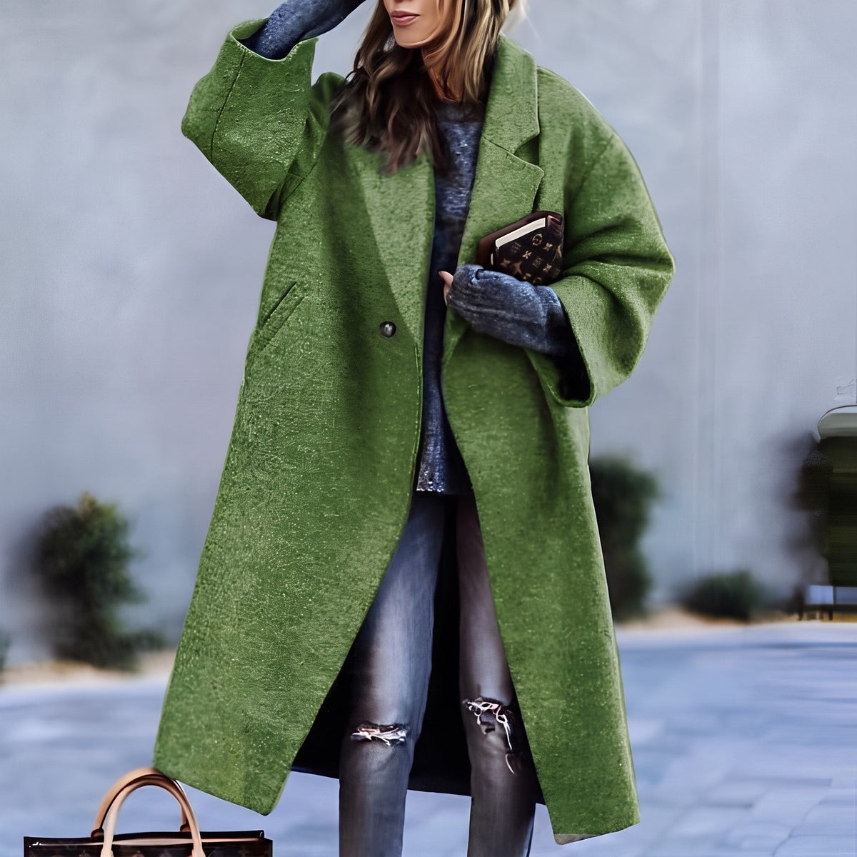 Isabelle - Women's Notched Lapel Longline Overcoat - Overcoats - Green - Davies & Cooper