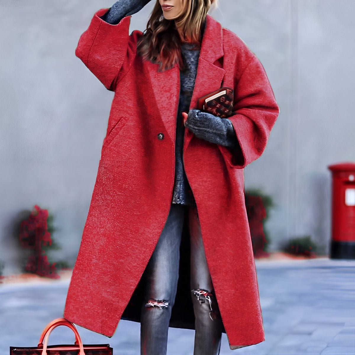Isabelle - Women's Notched Lapel Longline Overcoat - Overcoats - Red - Davies & Cooper