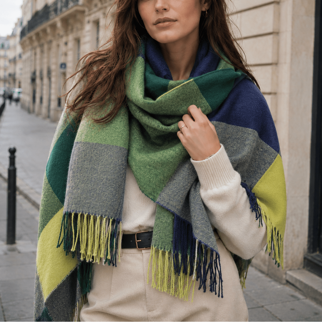 Isabelle – Women’s Oversized Fringed Plaid Blanket Scarf - Scarves & Shawls - Green - Davies & Cooper