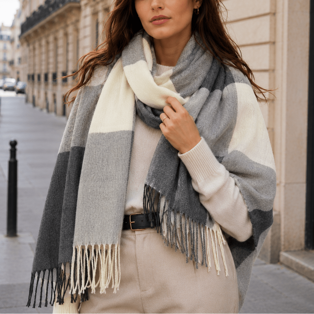 Isabelle – Women’s Oversized Fringed Plaid Blanket Scarf - Scarves & Shawls - White - Davies & Cooper