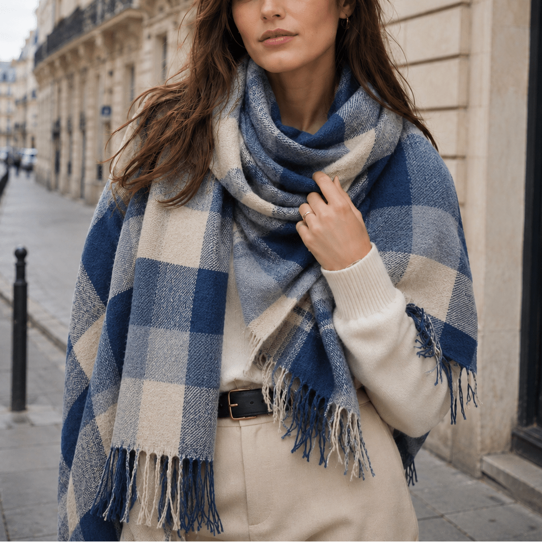 Isabelle – Women’s Oversized Fringed Plaid Blanket Scarf - Scarves & Shawls - Blue - Davies & Cooper