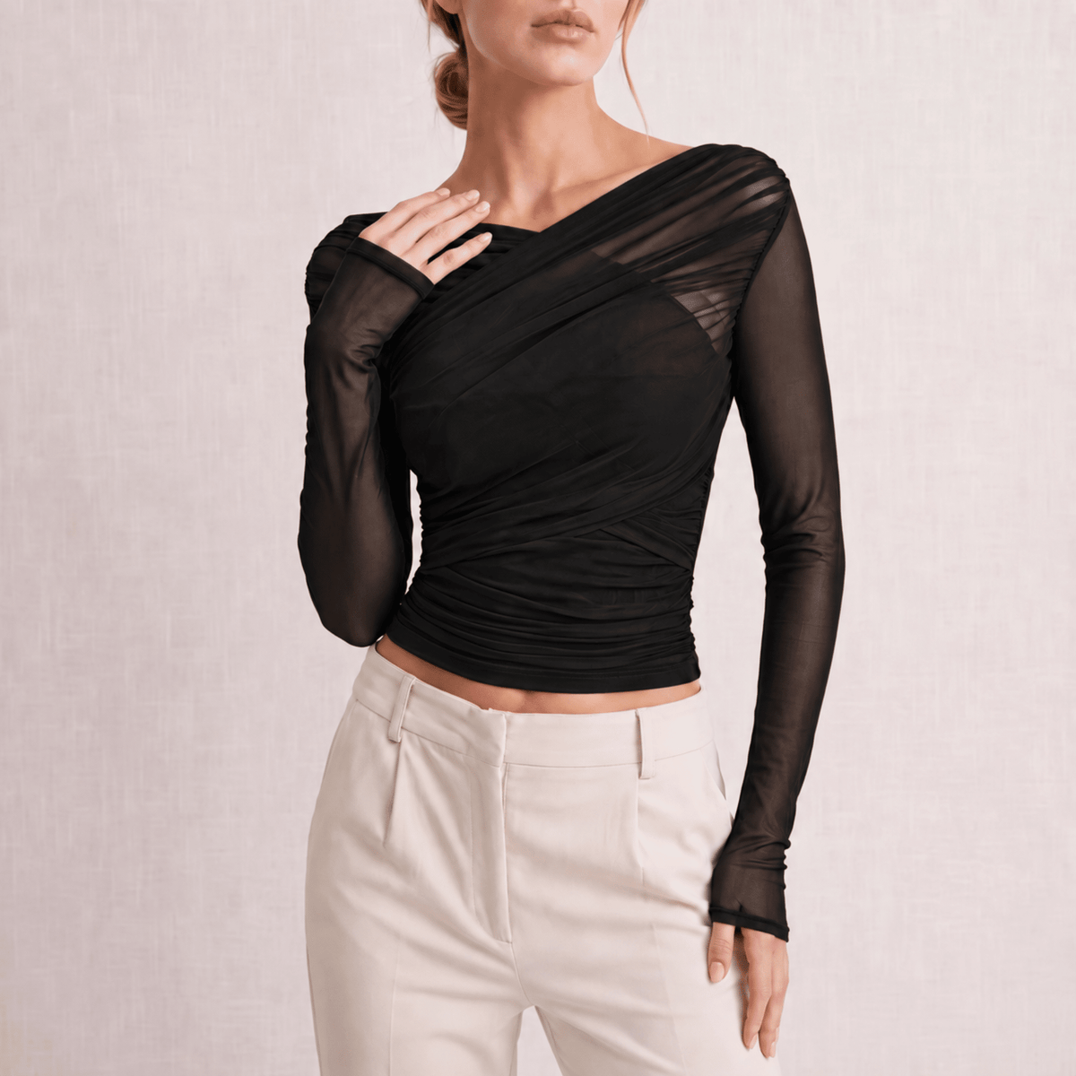 Isabelle - Women's Sheer Mesh Ruched Long Sleeve Crop Top - Blouses - Wine Red - Davies & Cooper