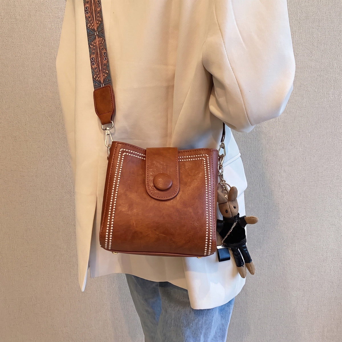 Isabelle - Women's Studded Top Handle Bucket Bag with Adjustable Wide Strap - Bucket Bags - Brown - Davies & Cooper