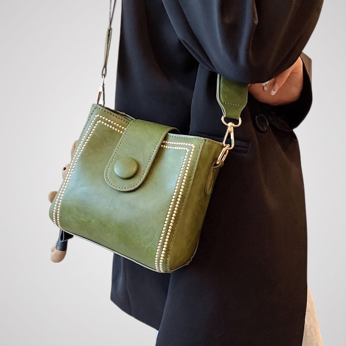 Isabelle - Women's Studded Top Handle Bucket Bag with Adjustable Wide Strap - Bucket Bags - Green - Davies & Cooper