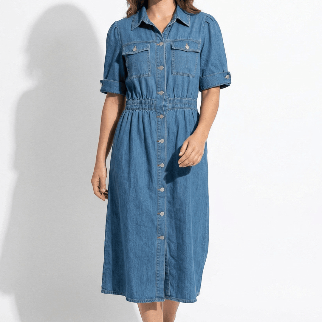 Isabelle – Women's Summer Denim Midi Dress with Button - Down Front - Midi Dress - Blue - Davies & Cooper