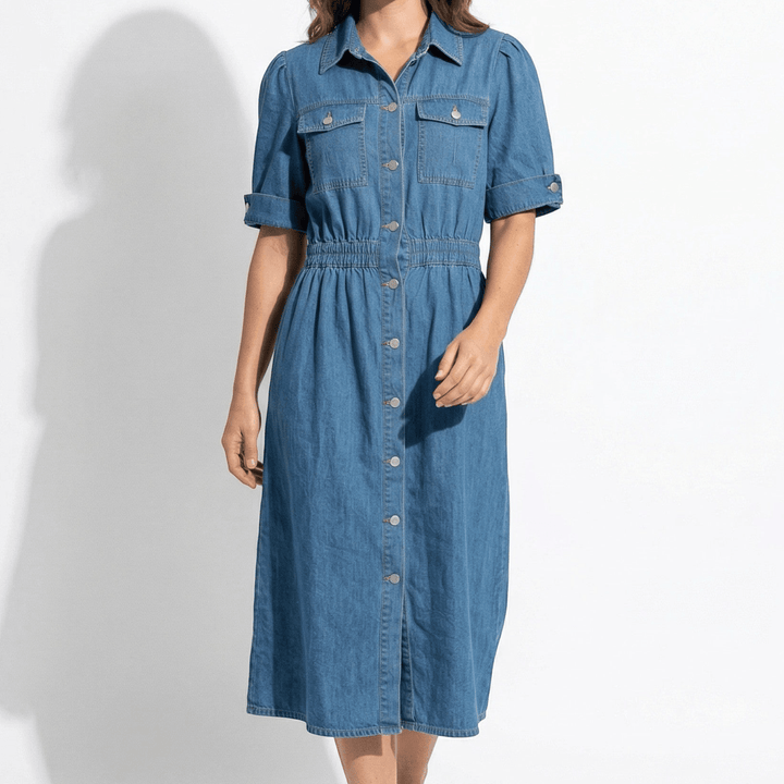 Isabelle – Women's Summer Denim Midi Dress with Button - Down Front - Midi Dress - Blue - Davies & Cooper