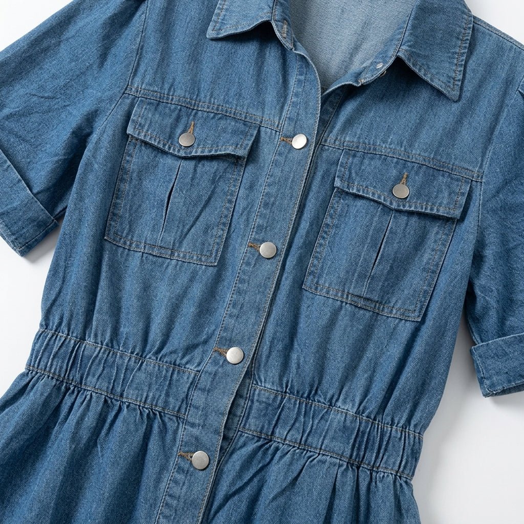 Isabelle – Women's Summer Denim Midi Dress with Button - Down Front - Midi Dress - Blue - Davies & Cooper