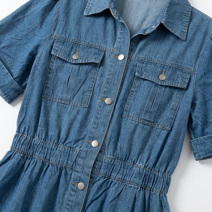 Isabelle – Women's Summer Denim Midi Dress with Button - Down Front - Midi Dress - Blue - Davies & Cooper