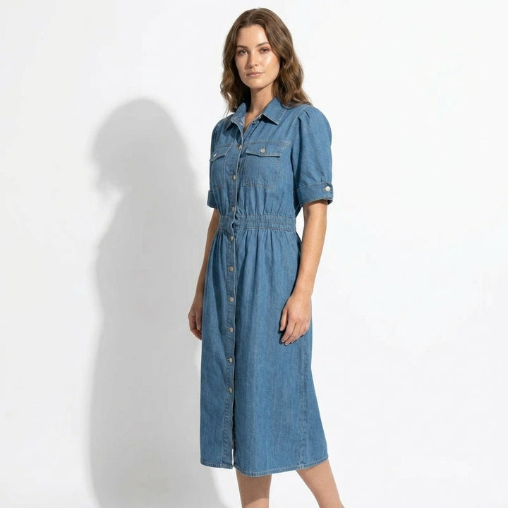 Isabelle – Women's Summer Denim Midi Dress with Button - Down Front - Midi Dress - Blue - Davies & Cooper
