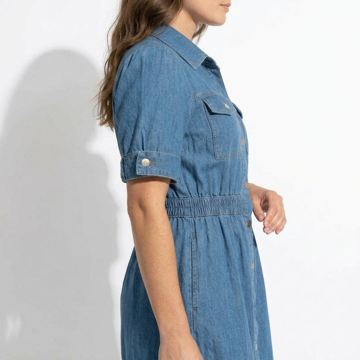 Isabelle – Women's Summer Denim Midi Dress with Button - Down Front - Midi Dress - Blue - Davies & Cooper