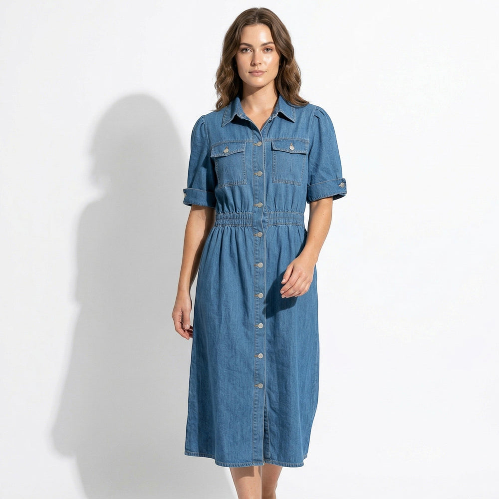 Isabelle – Women's Summer Denim Midi Dress with Button - Down Front - Midi Dress - Blue - Davies & Cooper