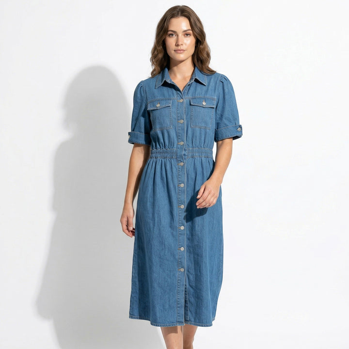 Isabelle – Women's Summer Denim Midi Dress with Button - Down Front - Midi Dress - Blue - Davies & Cooper