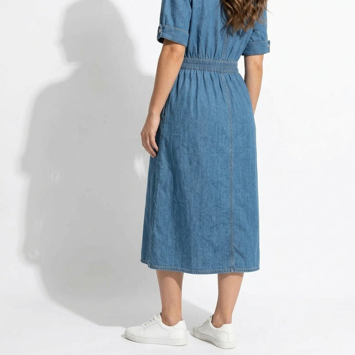 Isabelle – Women's Summer Denim Midi Dress with Button - Down Front - Midi Dress - Blue - Davies & Cooper