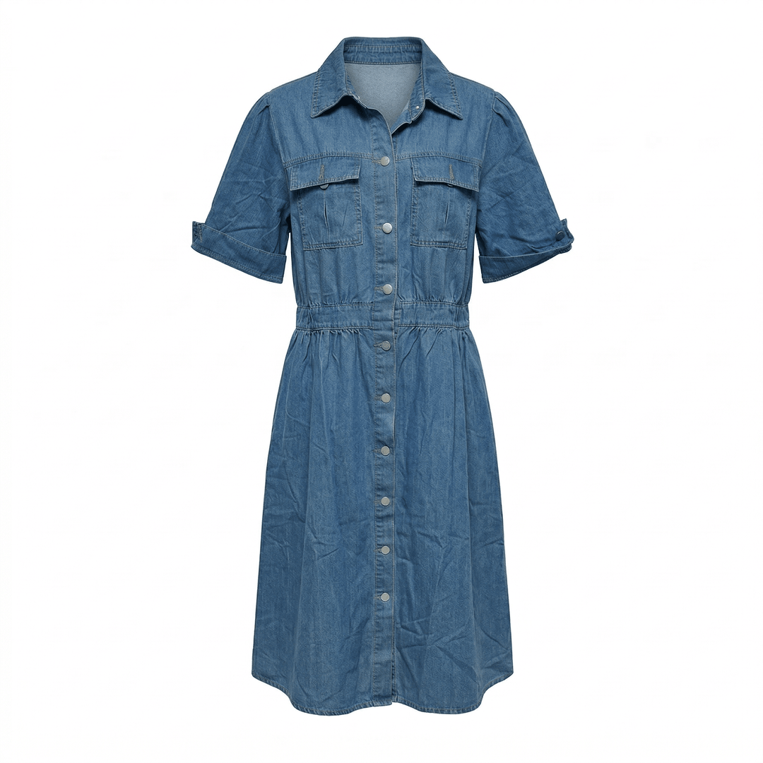 Isabelle – Women's Summer Denim Midi Dress with Button - Down Front - Midi Dress - Blue - Davies & Cooper