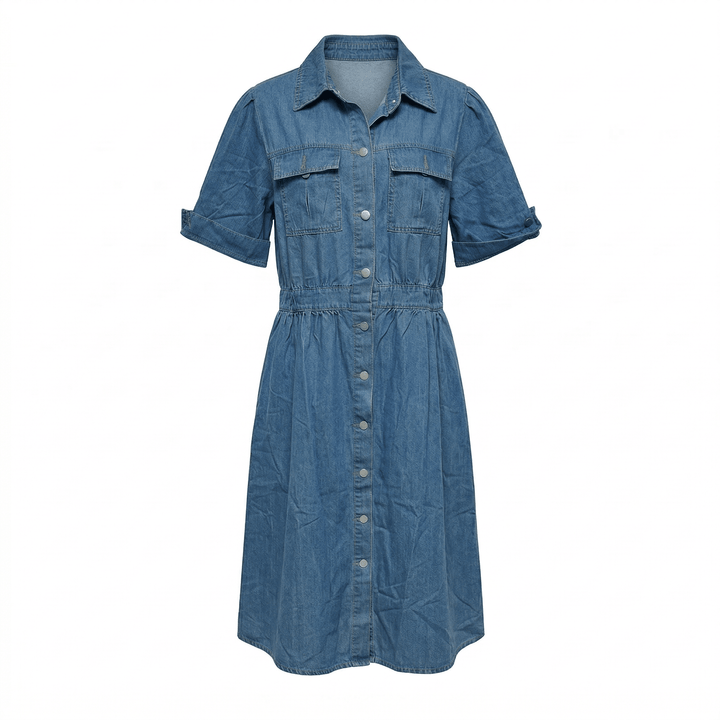 Isabelle – Women's Summer Denim Midi Dress with Button - Down Front - Midi Dress - Blue - Davies & Cooper