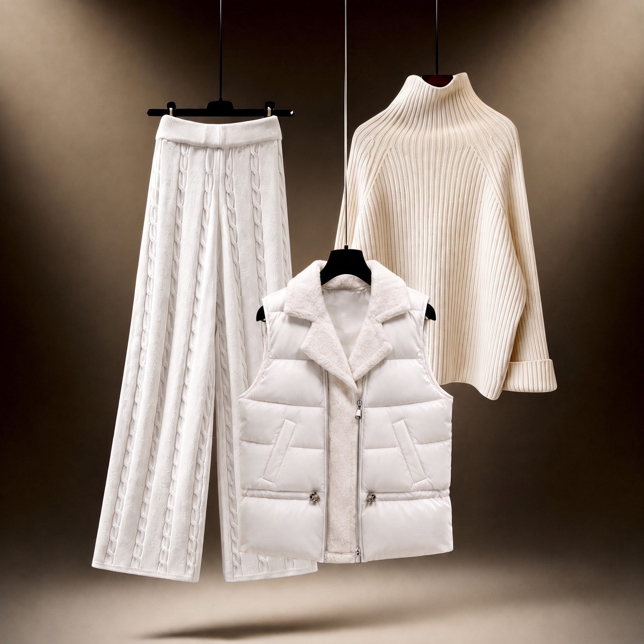 Isabelle - Women's Three-Piece Knit Co-ord Set with Quilted Gilet - Outfit Sets - White - Davies & Cooper