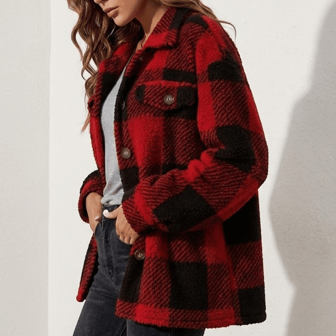 Isalie – Women's Check Jacket - Cardigans - Red - Davies & Cooper