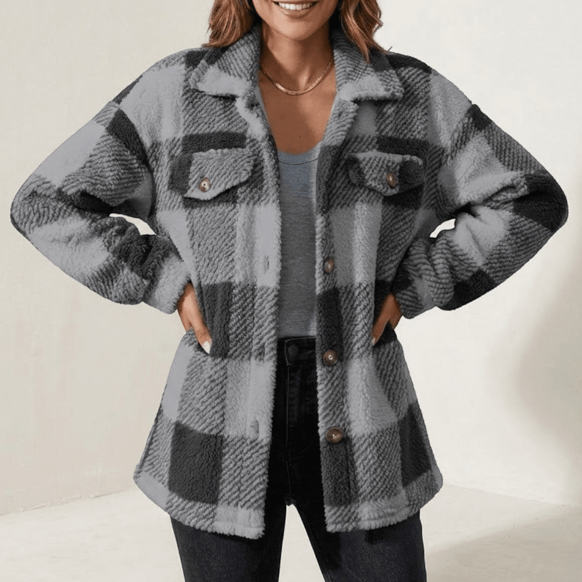 Isalie – Women's Check Jacket - Cardigans - Dark grey - Davies & Cooper