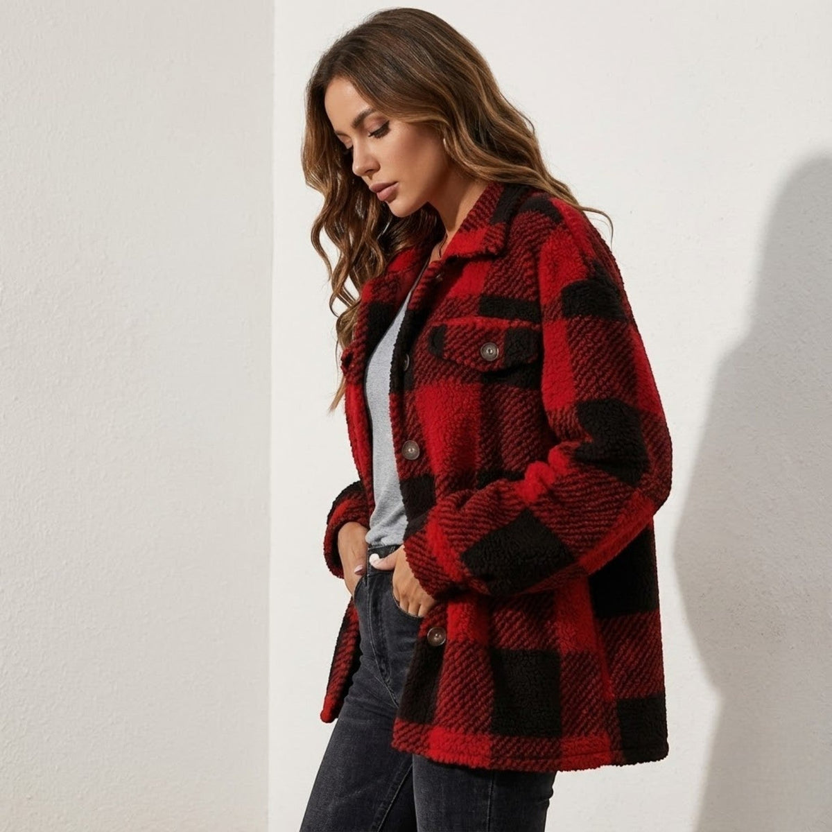 Isalie – Women's Check Jacket - Cardigans - Red - Davies & Cooper