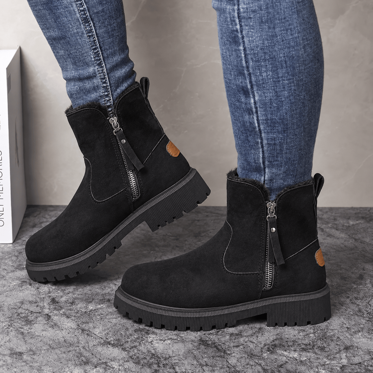 Isla - Women's Chunky Sole Ankle Boots with Side Zip - Boots - Black - Davies & Cooper