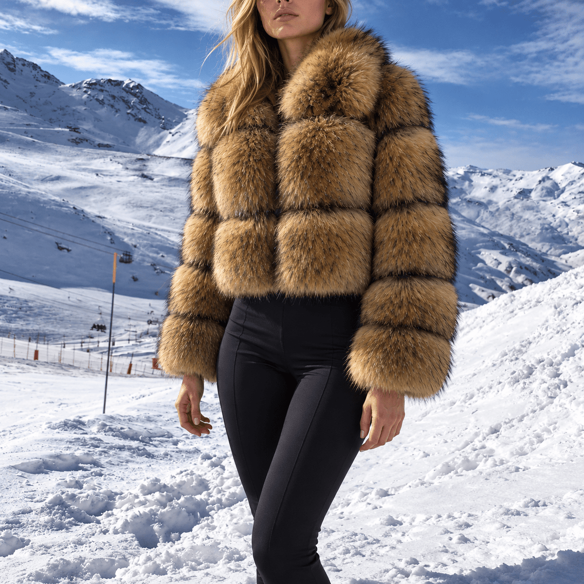 Isla - Women's Cropped Faux Fur Jacket with High Collar and Long Sleeves - Coats & Jackets - Brown - Davies & Cooper
