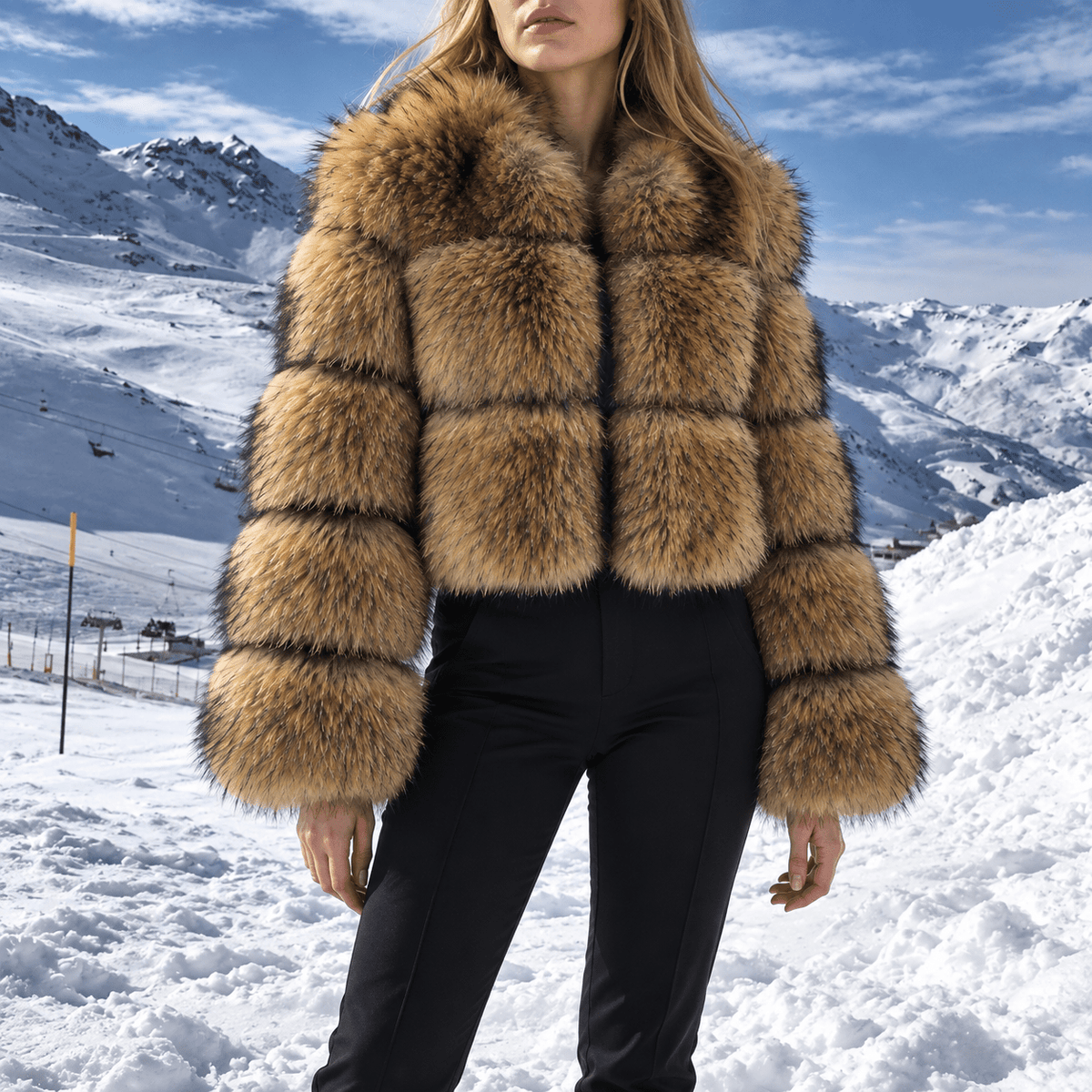 Isla - Women's Cropped Faux Fur Jacket with High Collar and Long Sleeves - Coats & Jackets - Brown - Davies & Cooper