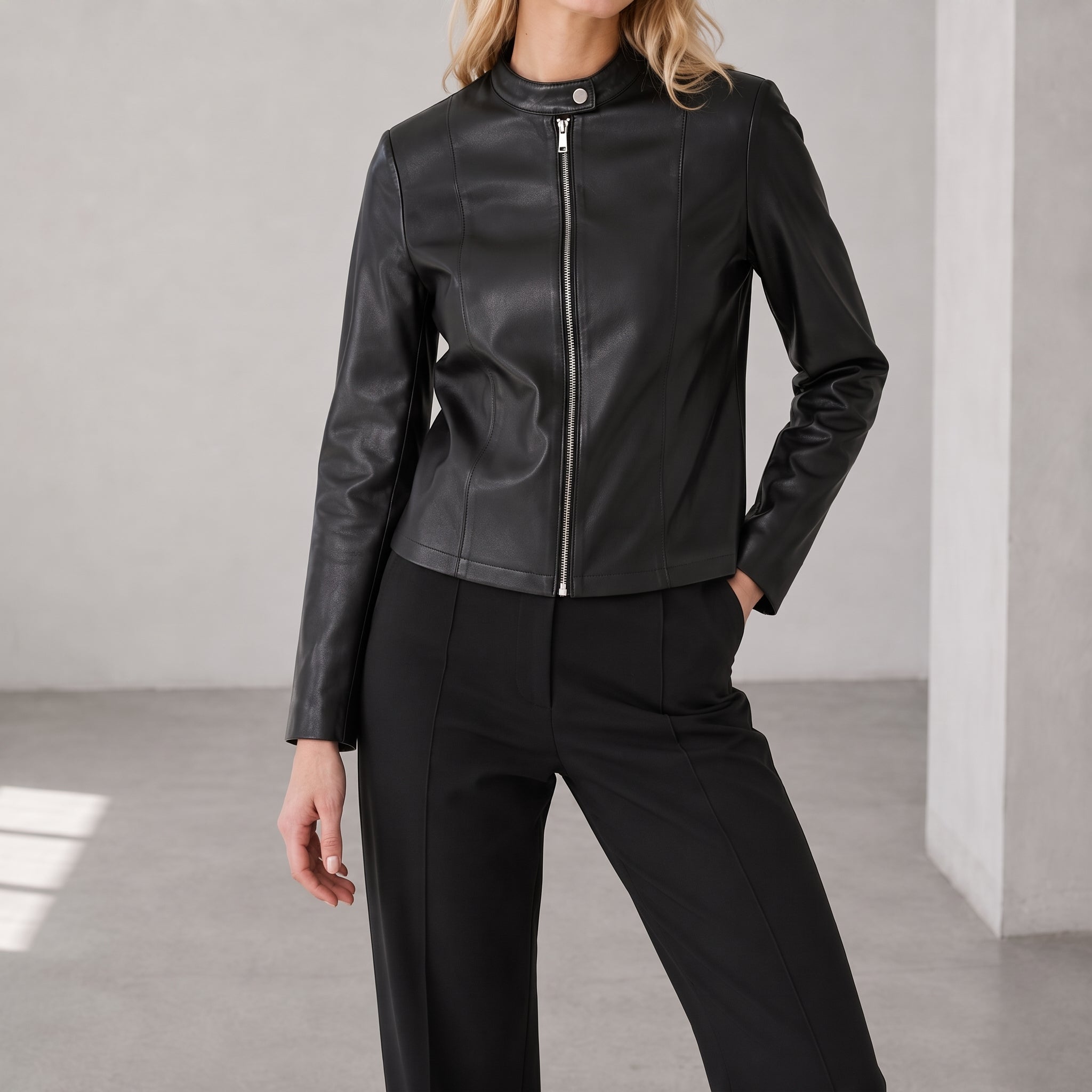 Isla - Women's Fitted Outer Jacket with Zip Closure - Jackets - Black - Davies & Cooper