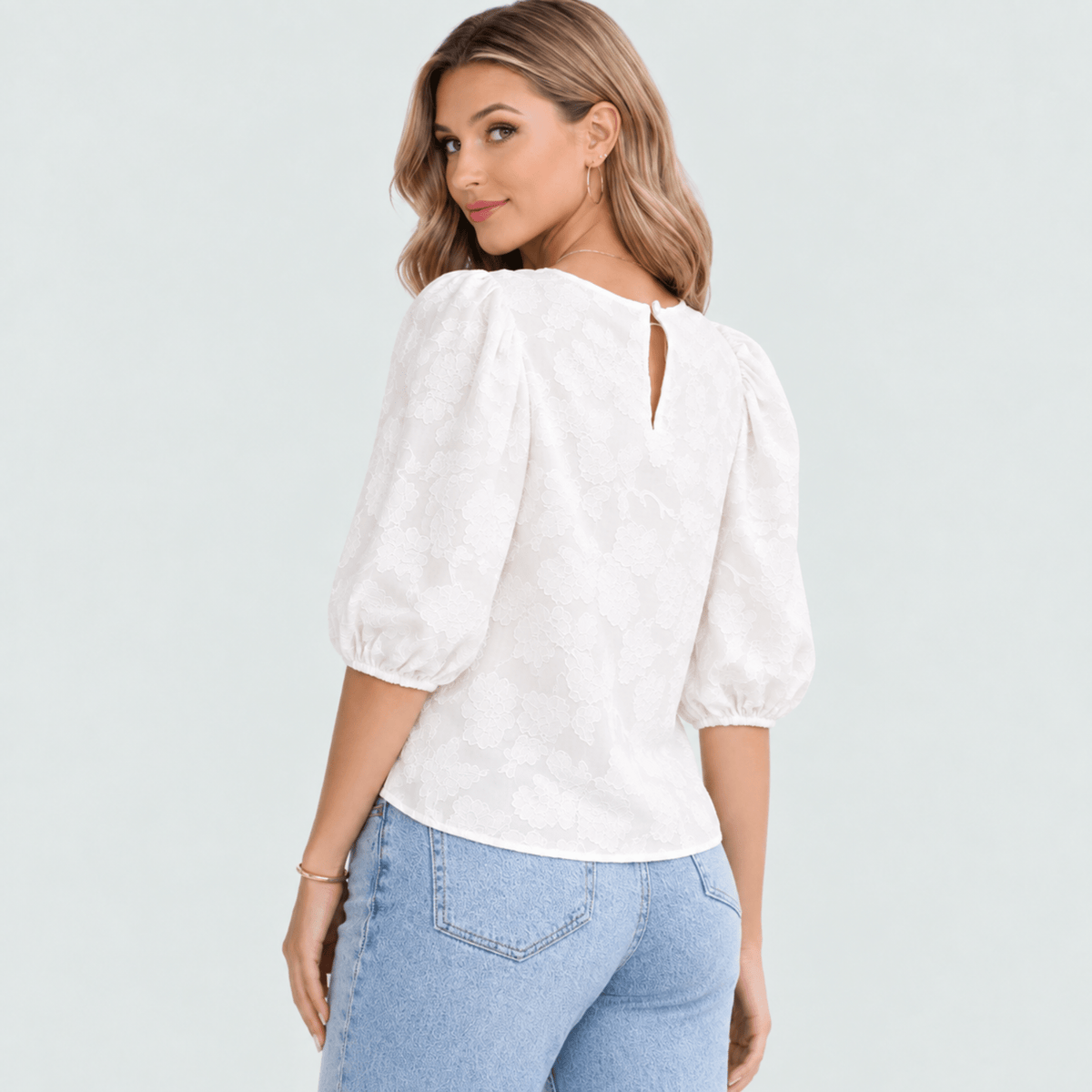 Isla - Women's Floral Puff Sleeve Blouse with Round Neck - Blouses - White - Davies & Cooper