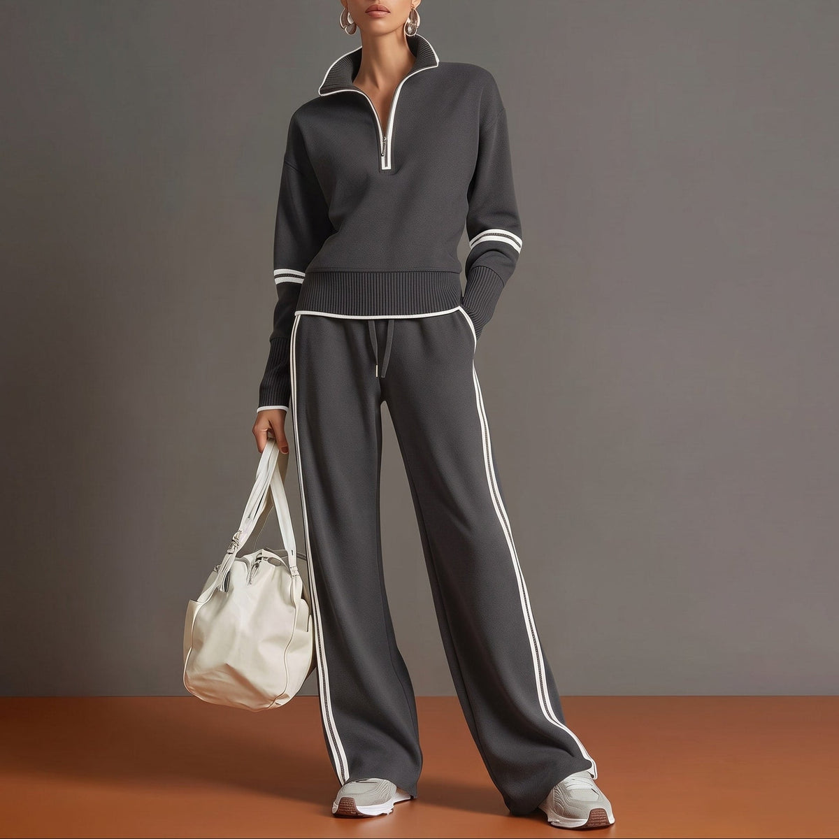 Isla - Women's Half-Zip Striped Wide-Leg Tracksuit Set - Loungewear Sets - Dark Grey - Davies & Cooper