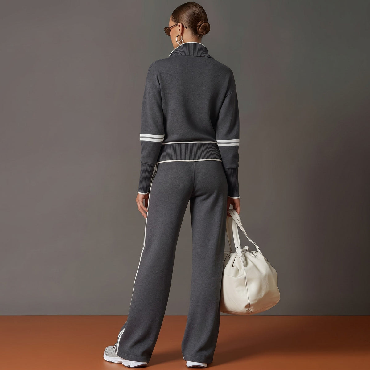 Isla - Women's Half-Zip Striped Wide-Leg Tracksuit Set - Loungewear Sets - Dark Grey - Davies & Cooper