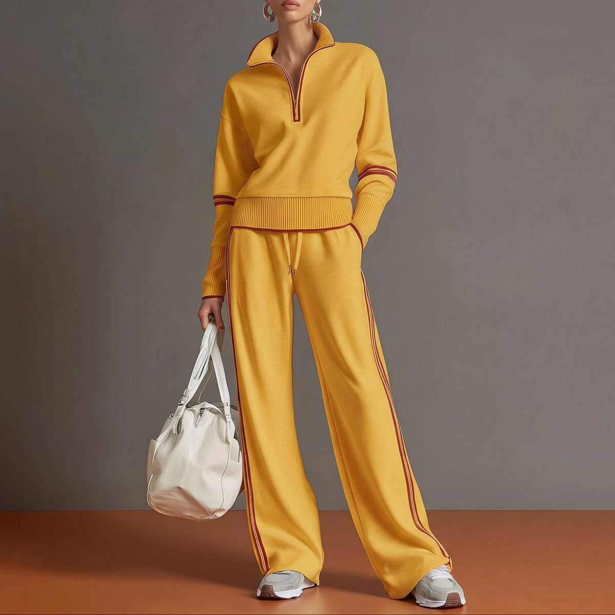 Isla - Women's Half-Zip Striped Wide-Leg Tracksuit Set - Loungewear Sets - Yellow - Davies & Cooper
