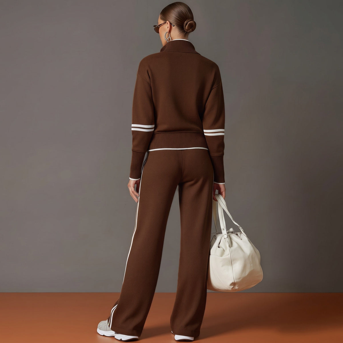 Isla - Women's Half-Zip Striped Wide-Leg Tracksuit Set - Loungewear Sets - Brown - Davies & Cooper