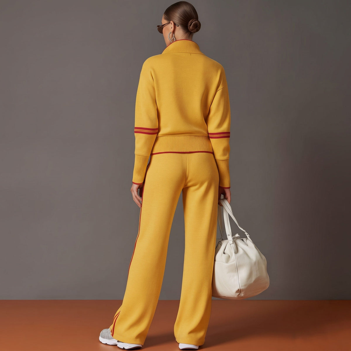 Isla - Women's Half-Zip Striped Wide-Leg Tracksuit Set - Loungewear Sets - Yellow - Davies & Cooper