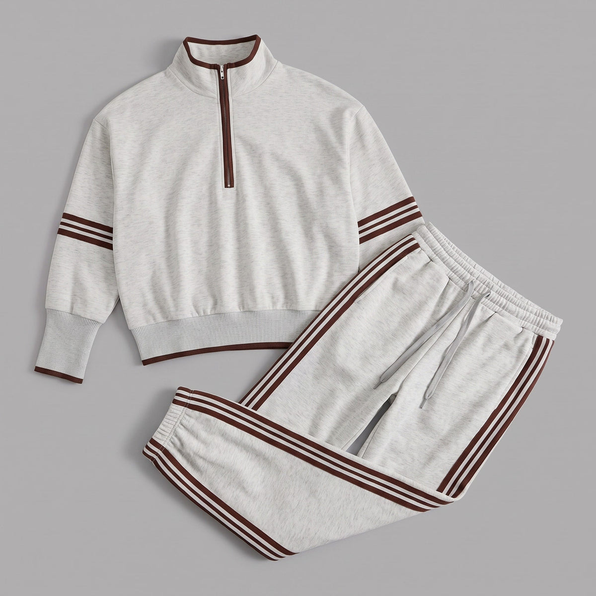 Isla - Women's Half-Zip Striped Wide-Leg Tracksuit Set - Loungewear Sets - Light Grey - Davies & Cooper