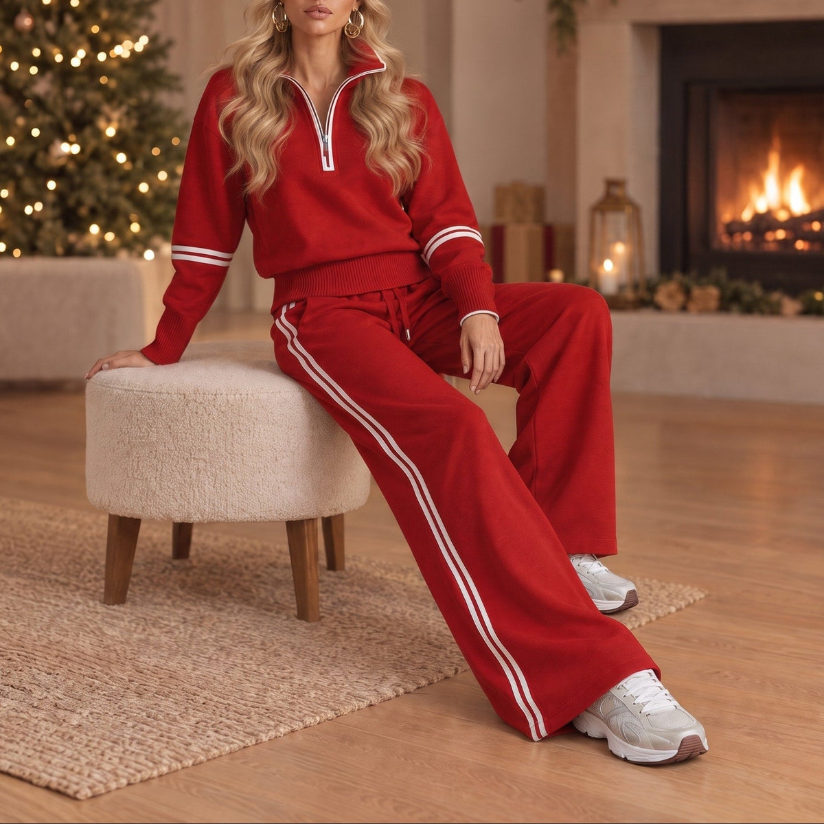 Isla - Women's Half-Zip Striped Wide-Leg Tracksuit Set - Loungewear Sets - Red - Davies & Cooper